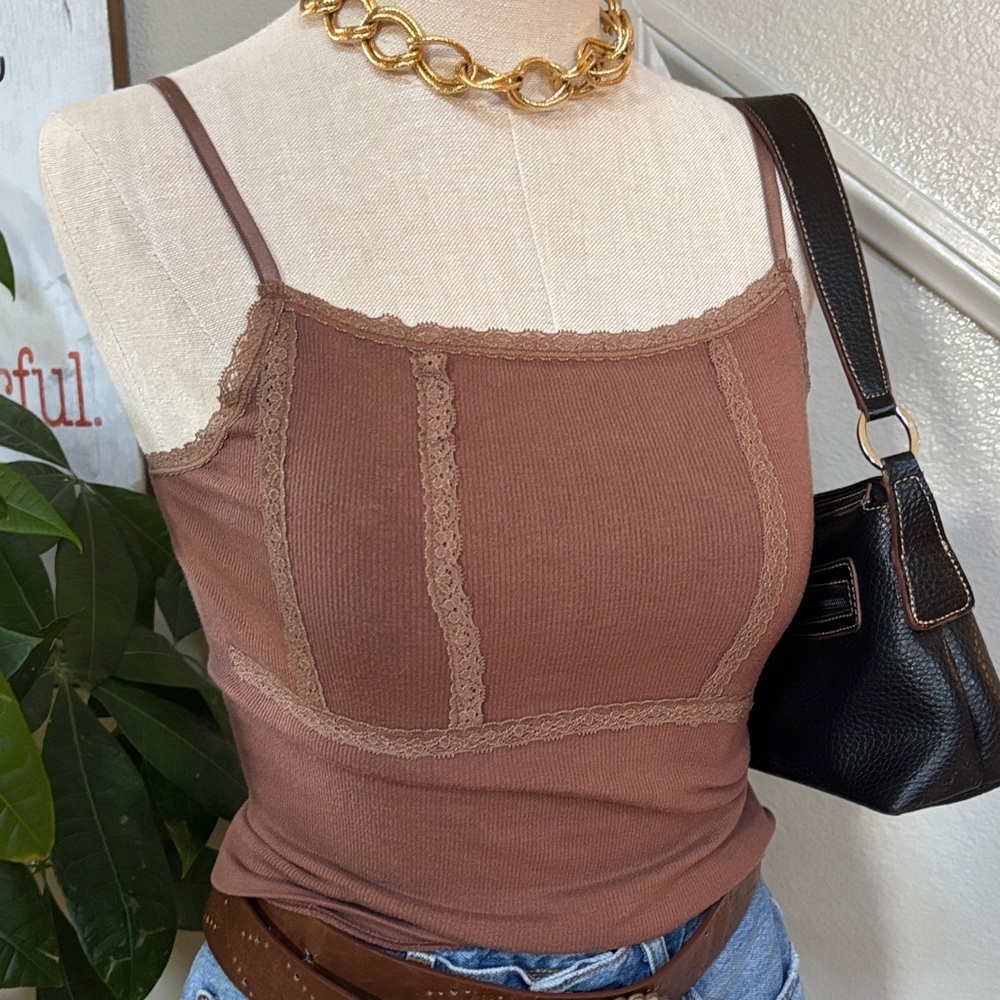 Urban outfitters Brown Tank Top W Lace Detail 🤩with Denim Shorts - Picture 2 of 8